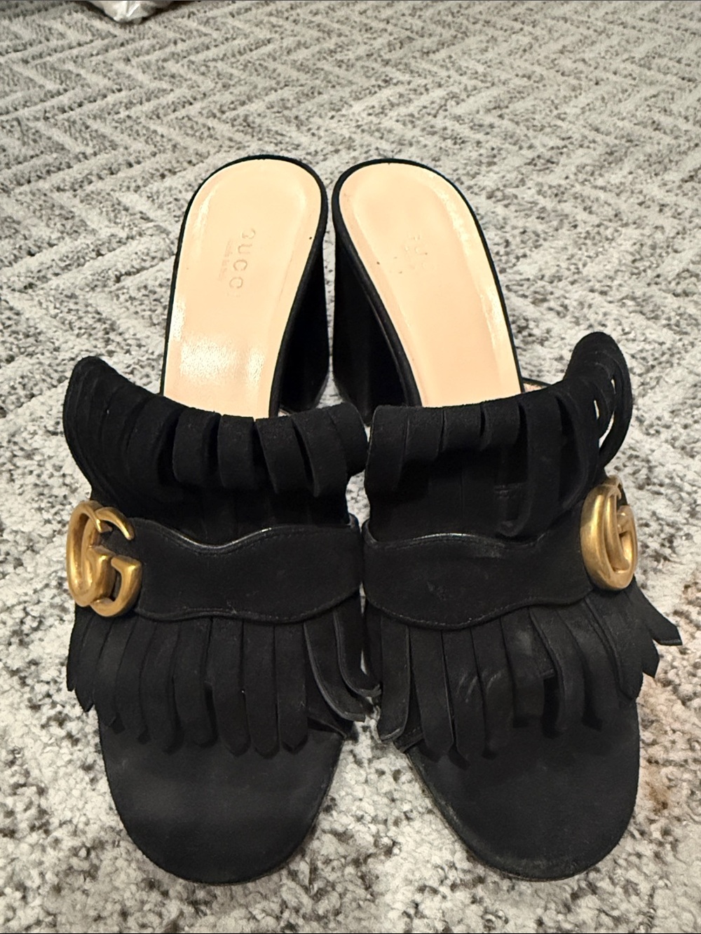 Gucci Black Suede Fringe Mules with Gold Double G